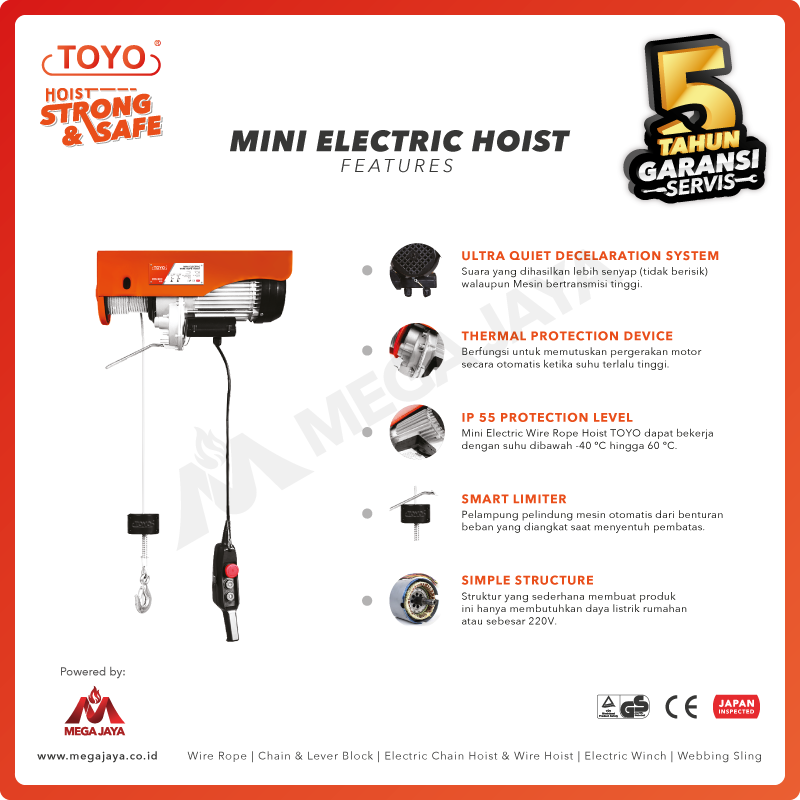 Dapatkan Produk Mini Electric Hoist 1F Toyo Set 600 1200 Kg X 20 M