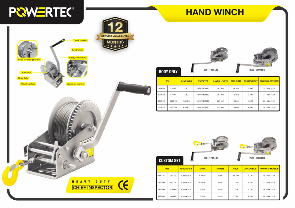 Dapatkan Produk Hand Winch Powertec 3500 Lbs 1600 Kg X 15 Meter